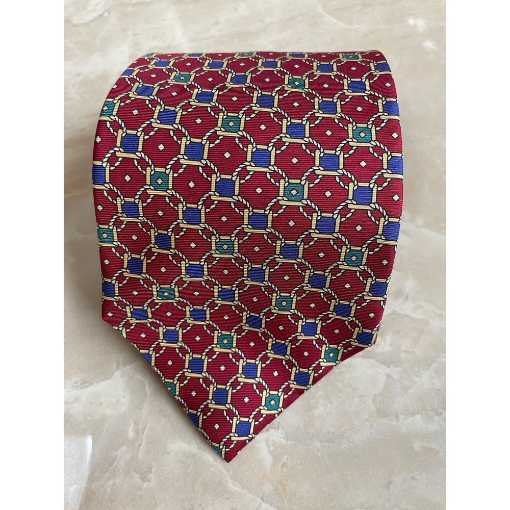 VTG Christian Dior Monsieur Silk Tie Made In USA Link Geometric Pattern Red 3.5"